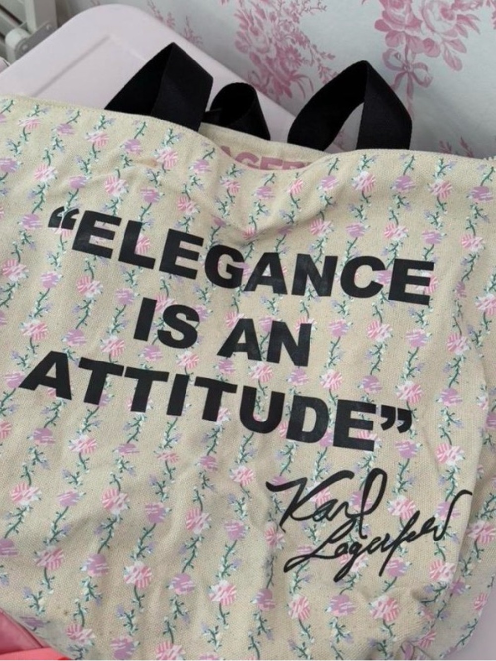 Karl Lagerfeld Beige Tote with Pink Floral Print and Black Lettering